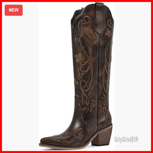 Knee High Cowboy Boots with Floral Embroidery Chunky Heel Pull On Vintage